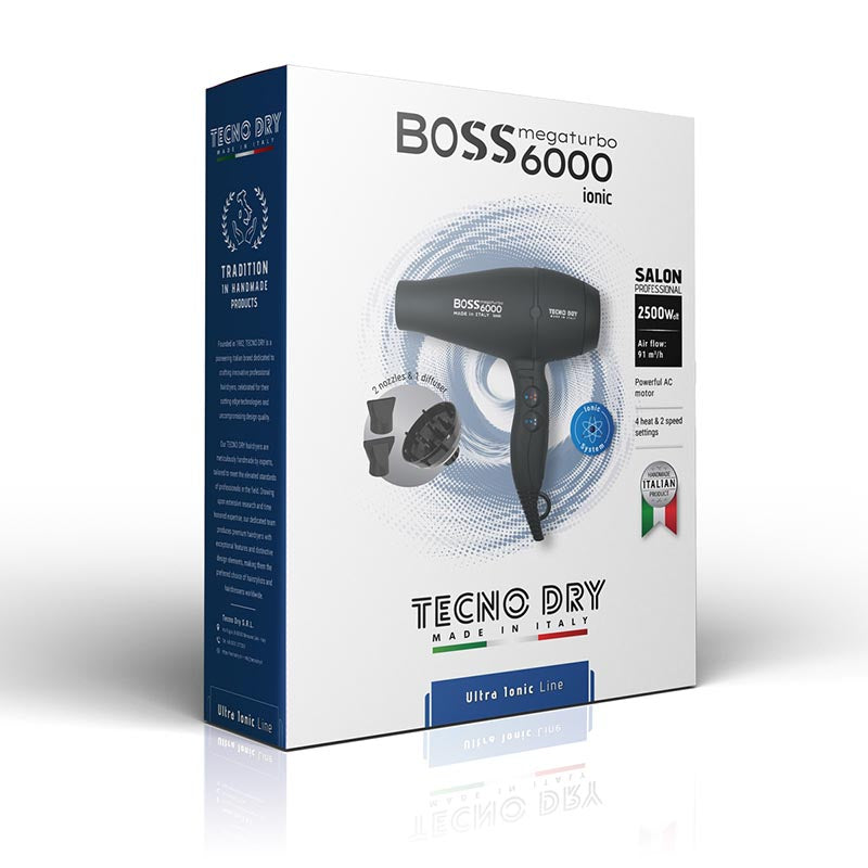 TECNO DRY BOSS 6000 BLACK ULTRA IONIC LINE Επαγγελματικό Πιστολάκι Μαλλιών Με 2 Στόμια & Φυσούνα 2500 W